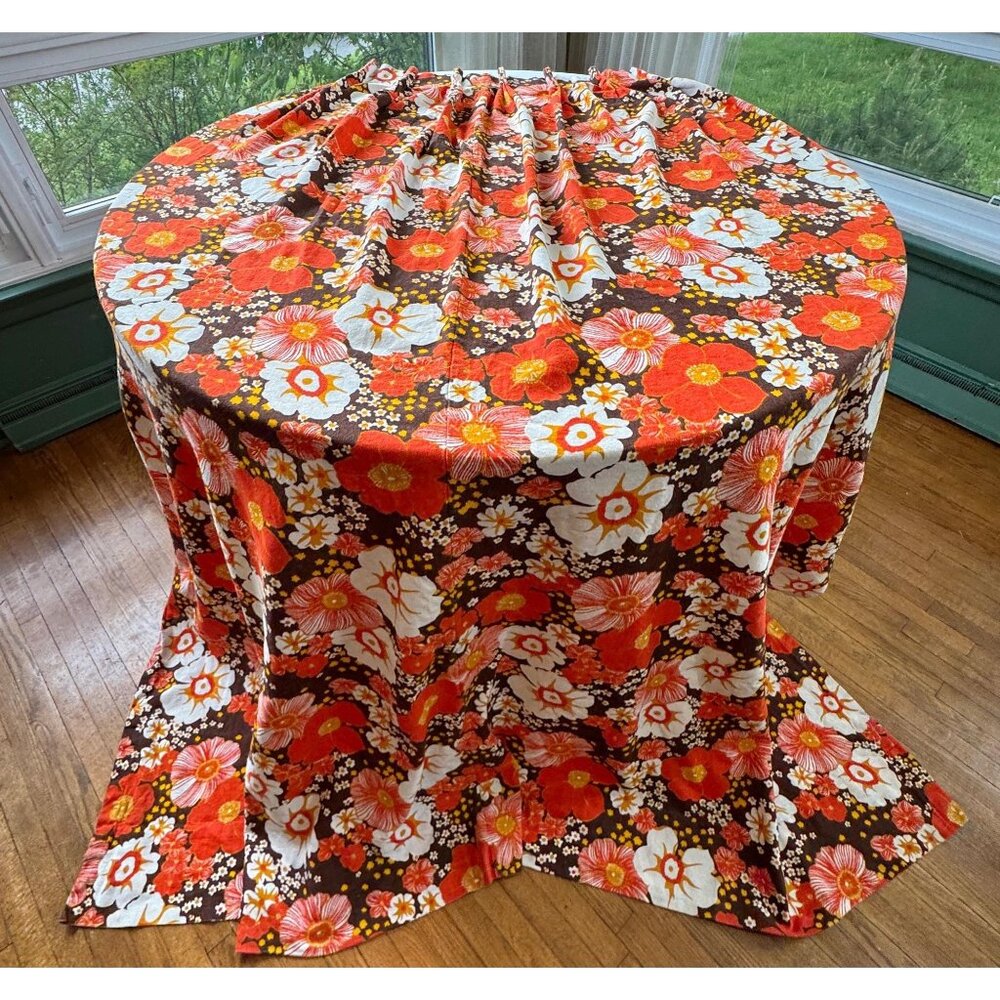 Vintage 60s curtain, vibrant floral pattern in orange, brown, yellow, pleated